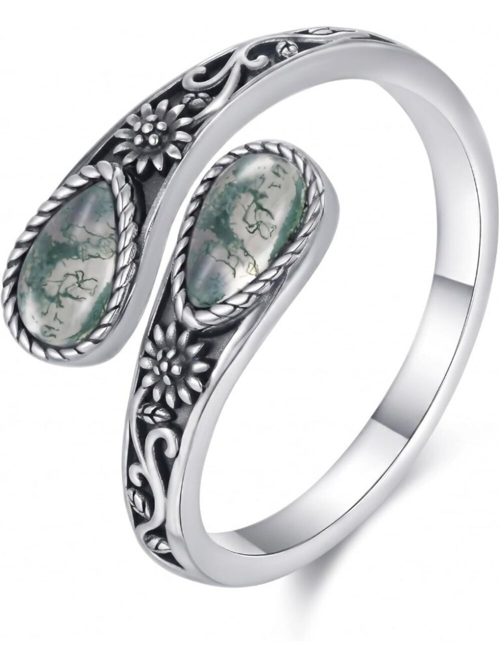 Adjustable Moss Agate Teardrop Ring for Women - White Gold Plated Thumb Gift